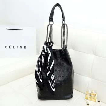 

by dhl or ems 50pcs 2017 Vintage Skull Shoulder Bags Women Bucket Pu Leather With Silk Female Ladies Casual Chain Tote Bag