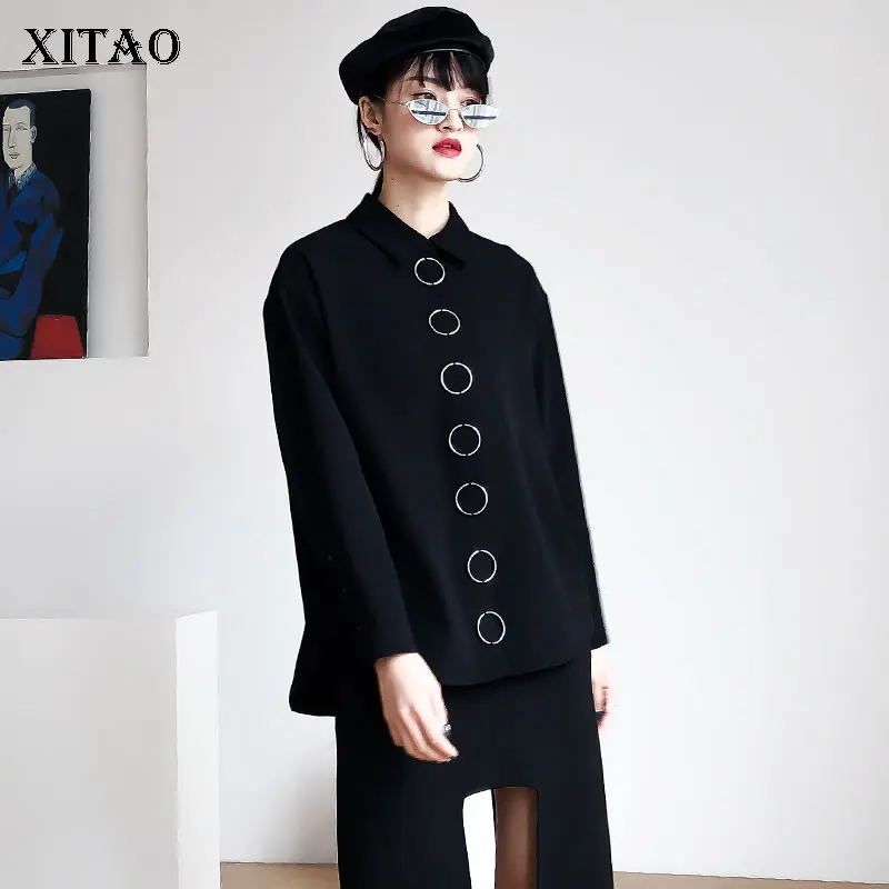 

[XITAO] Spring Summer 2019 New Casual Shirt Korea Fashion Full Sleeve Turn-down Collar Solid Color Ring Button Blouse LYH3342