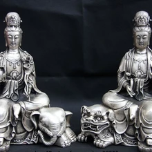 Bi003774 Китай Народная Белый Медь Серебро Манджушри Самантабхадра Будда Foo Dog Лев Статуя