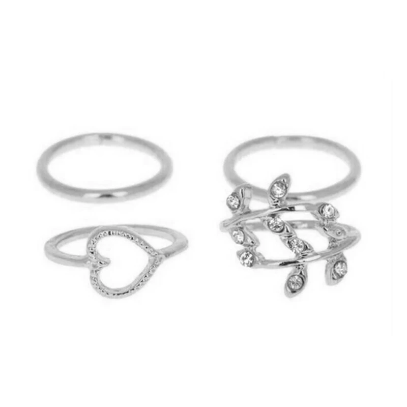 

4Pcs/Set Silver Stack Plain Knuckle Cute Leaves & Crystal Midi Rings
