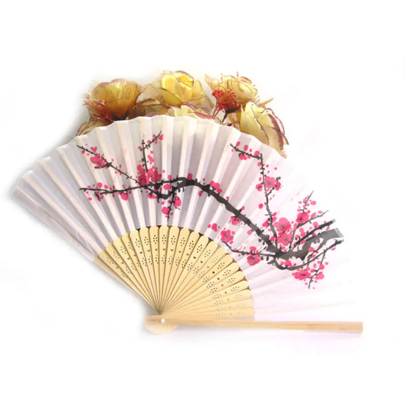 White Polyester Folding Hand Fans Elegant Plum Blossom Flower Print 1PCS for Summer Women Girl Dancing Party Favor
