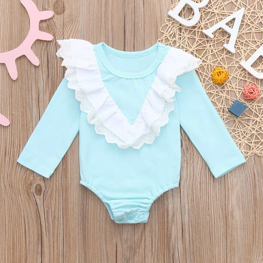 Однотонный кружевной комбинезон с оборками и длинными рукавами для маленьких