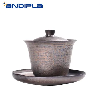 

150ml Vintage Handmade Coarse Pottery Rust Glaze Gaiwan Chinese Kung Fu Tea Set Ceramic Tureen Tea Pot Tea Cup Bowls Home Decor