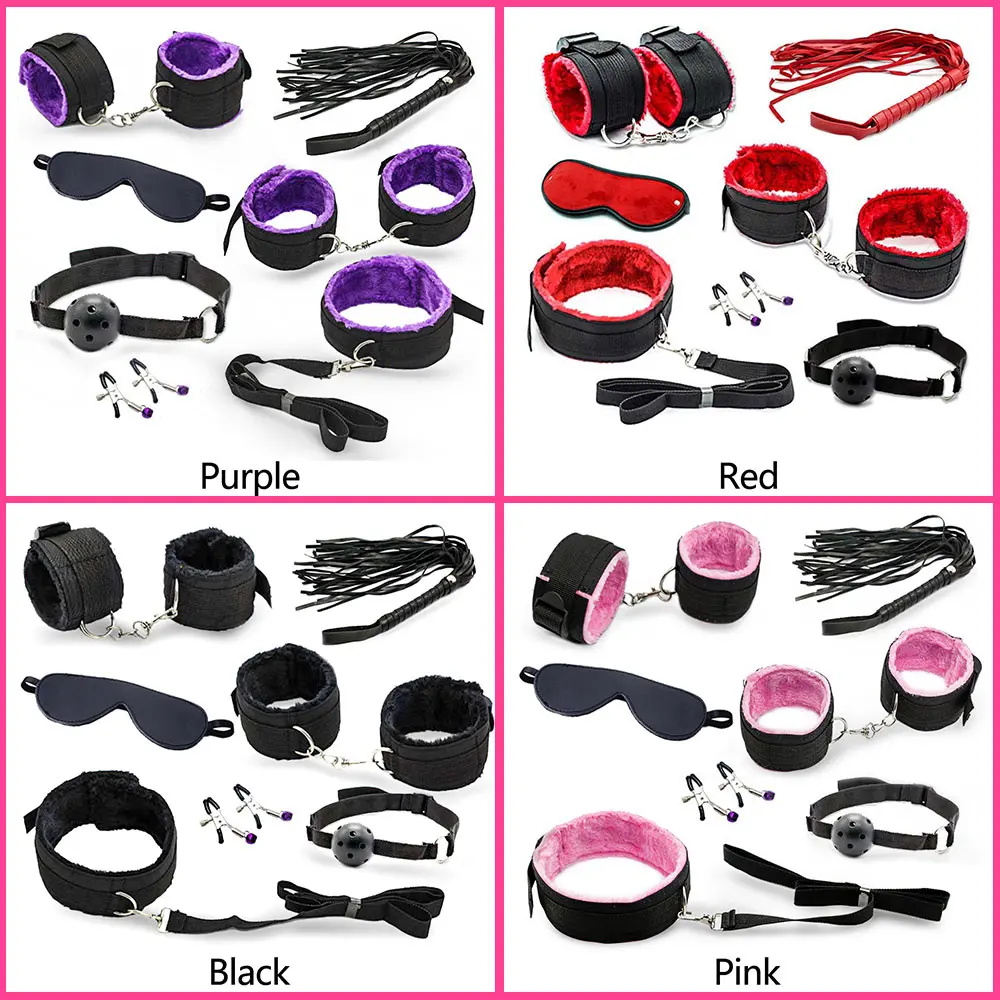 7 шт./компл. эротические игрушки для взрослых секс наручники+ соска для сосков+ хлыст+ Рот Кляп+ маска+ обтягивающий костюм Секс-игрушки близость, Лидер продаж
