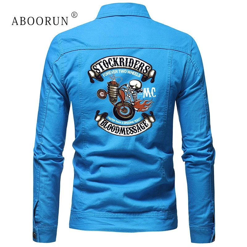 

ABOORUN Japanese Skull Printed Denim Jackets Men's Fashion Motorcycle Jeans Jackets Candy Colors Slim fit Coat for Male