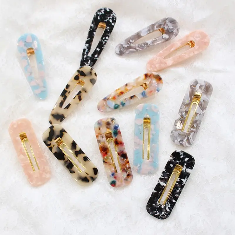 Women Girls Japanese Style Side Hair Clip Hollow Geometric Water Drop Shape Duckbill Hairgrips Colored Marble Textured Printed