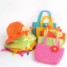 Summer Girls Kids Sun Hat Straw Hat Cap Beach Hats Bag Flower Tote Handbag Bags Suit