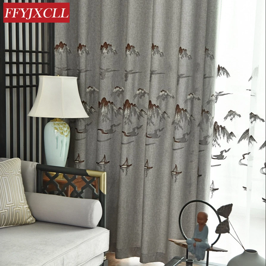 Серые затемненные занавески с изображением китайского Пейзажа для гостиной, оконные тюлевые занавески для спальни, занавески