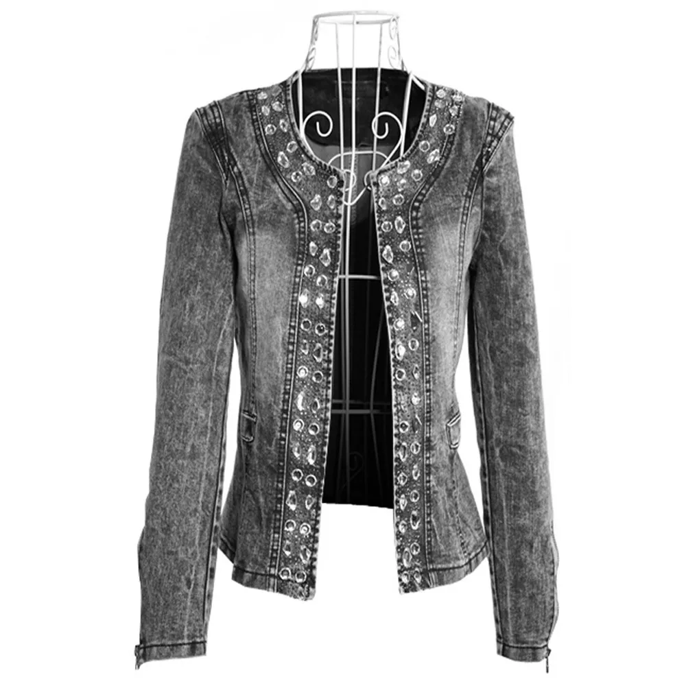 Clearance !!!!!!! black !!!!Jacket Coat Women Denim Jacket With Rhinestone Sequins O neck Denim