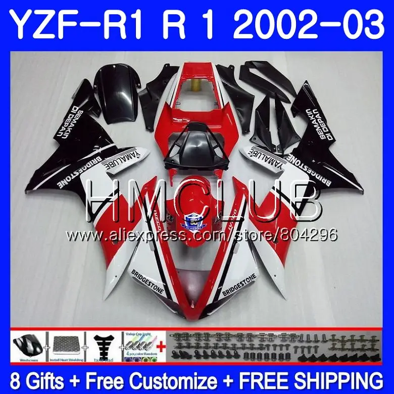 

Body For YAMAHA YZF-1000 YZF R 1 YZF 1000 YZFR1 02 03 109HM.9 YZF1000 YZF R1 2002 2003 YZF-R1 03 02 Fairings Red white !! Frame