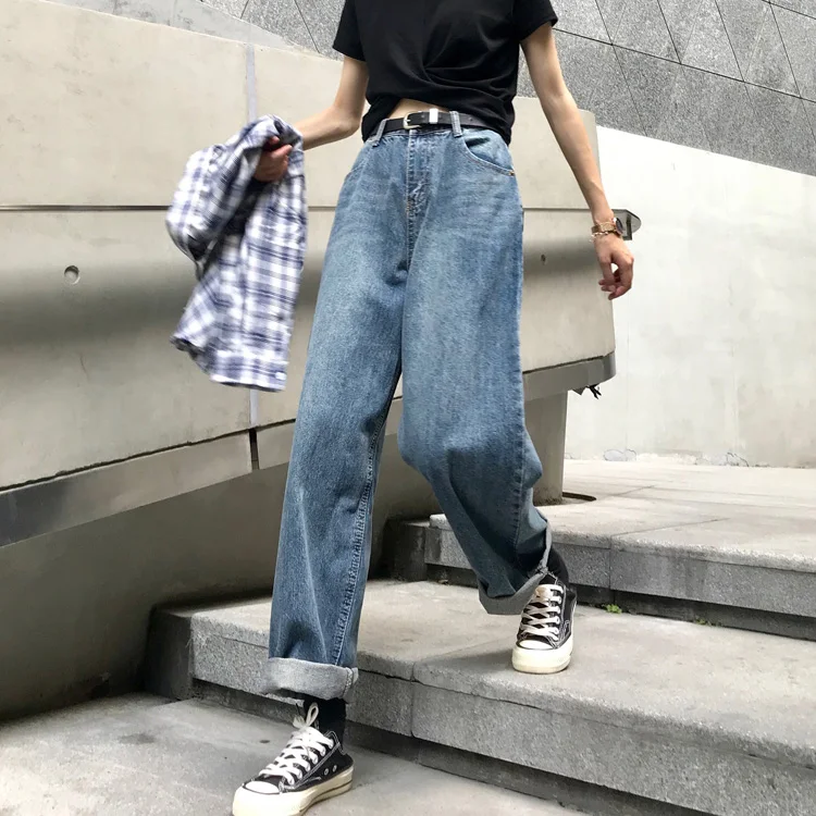 Весенне-осенние женские модные брендовые винтажные джинсы в Корейском стиле с высокой талией, свободные джинсы Ulzzang, женские повседневные широкие брюки