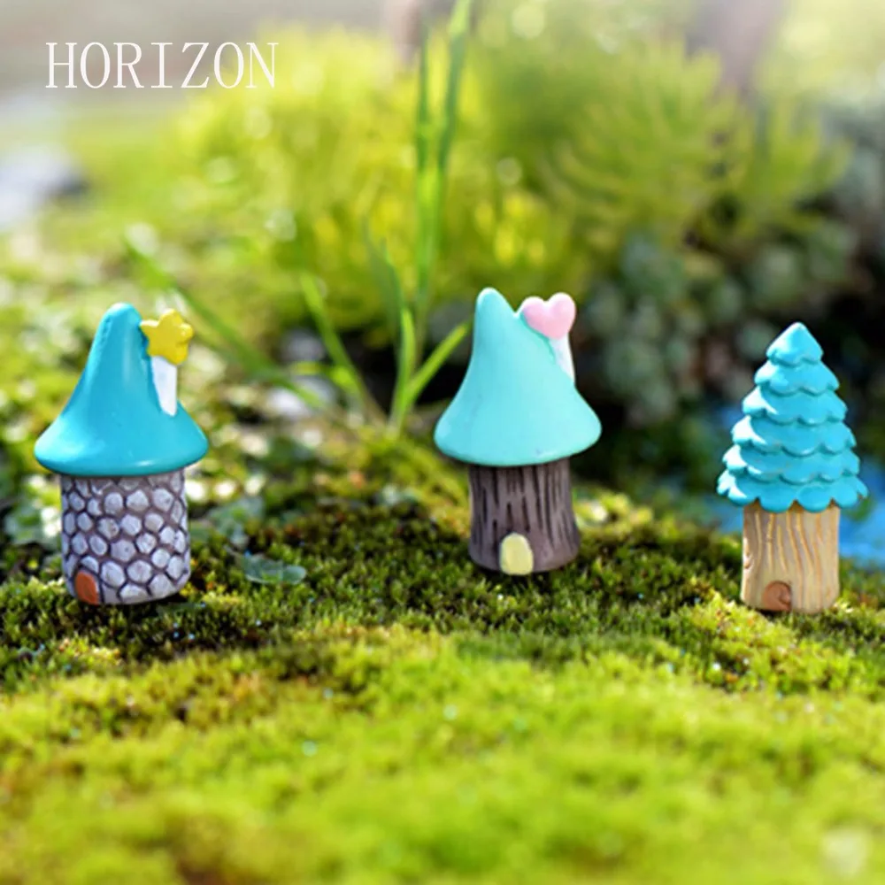 

3pcs/Set Vintage Blue House Miniature Mini Craft Fairy Garden Micro Landscaping Decor Home Decoration Accessories