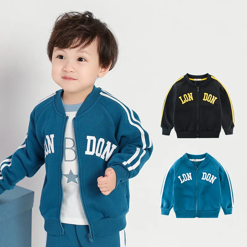 

New Autumn Boy Jacket Without Cap Kids Outwear Children's Black Coats With Zipper Blue Boys Tops Cotton Letter Pattern Sportwear
