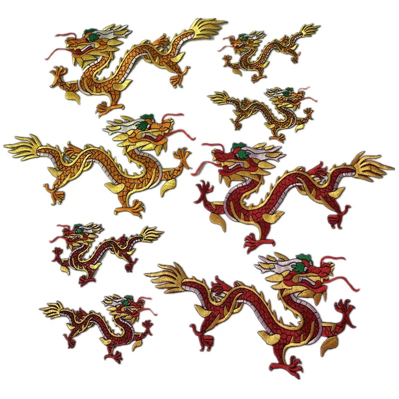 

SASKIA 1Pair Chinese Embroidered Dragon Patches Embroidery Applique Iron On Stage Dance Clothes Accessories Red Gold DIY Patch