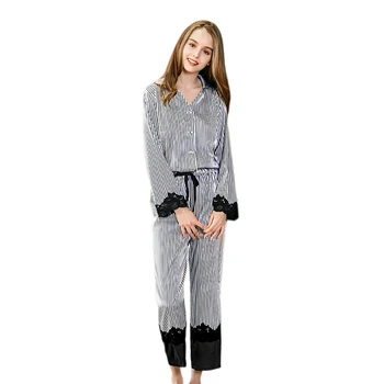 

Home Ladies Sleepwear Fashion Femme Nightgown Lace Joining Together Stripe Long Sleeve That Occupy The Home Women Pajamas Sets