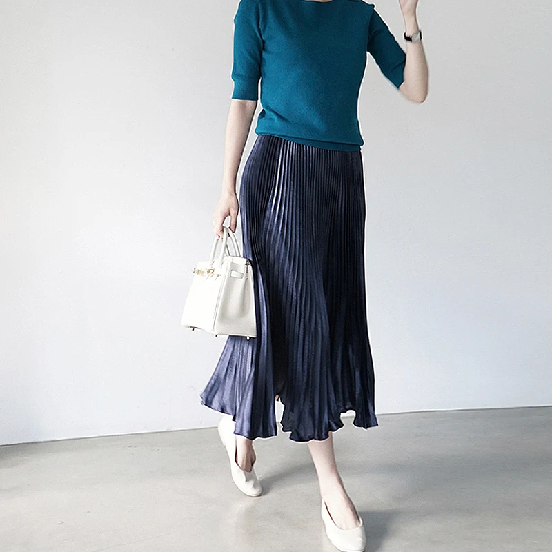 Корейская атласная шелковая плиссированная юбка для женщин, одноцветная винтажная юбка миди, элегантные юбки трапециевидной формы с высокой талией для весны и осени