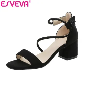 

ESVEVA 2019 Ladies Sandal Square Med Heel Buckle Flock Peep Toe Ankle Strap Ladies Platform Women Shoes Summer Size 34-43