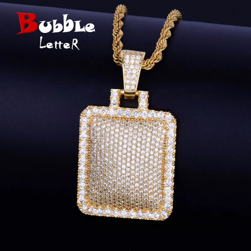 

Bling Cage Dog Tag Necklace & Pendant Free Steel Rope Chain Gold Color Iced Full Cubic Zircon Men's Hip Hop Jewelry For Gift