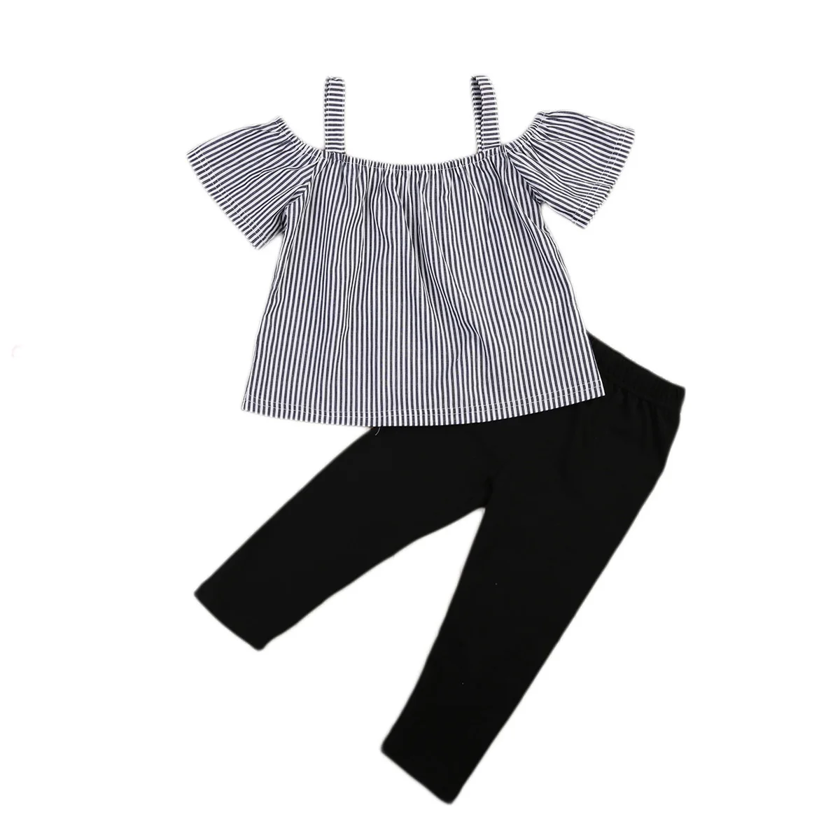 Высококачественная одежда для маленьких девочек повседневные топы с открытыми плечами, футболка длинные штаны в полоску с принтом