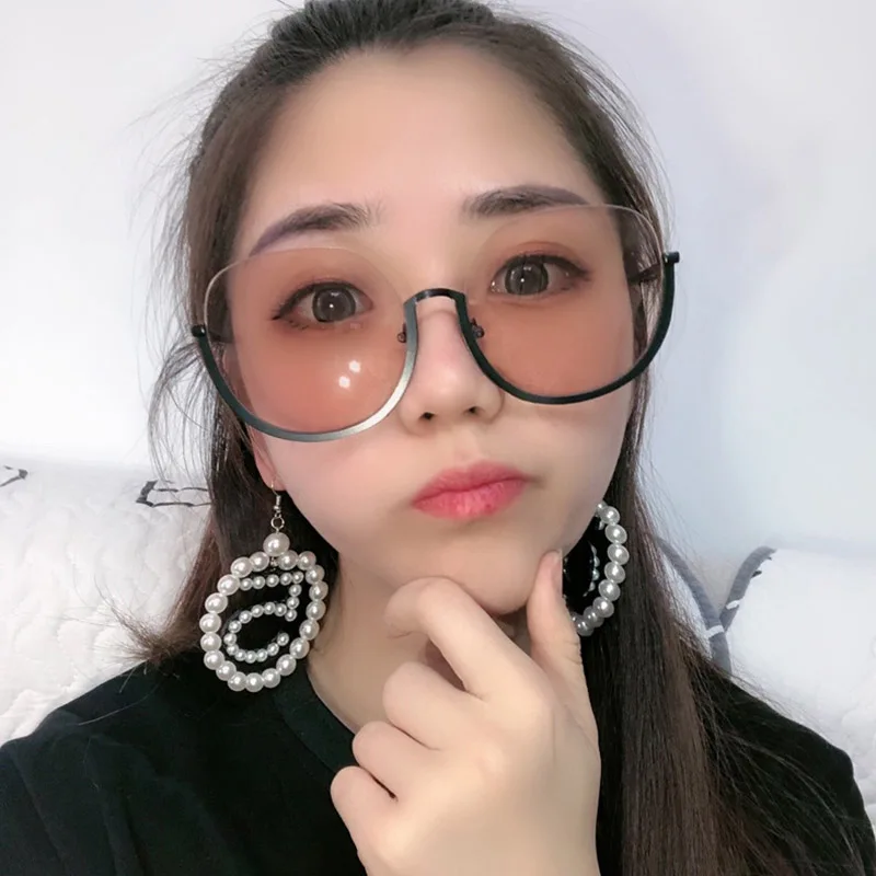 

HJYBBSN Oversized Round Women's Sunglasses Semi-rimless Instafamous Trendy Sun Glasses Clear Eyeglasses Oculos de sol UV400