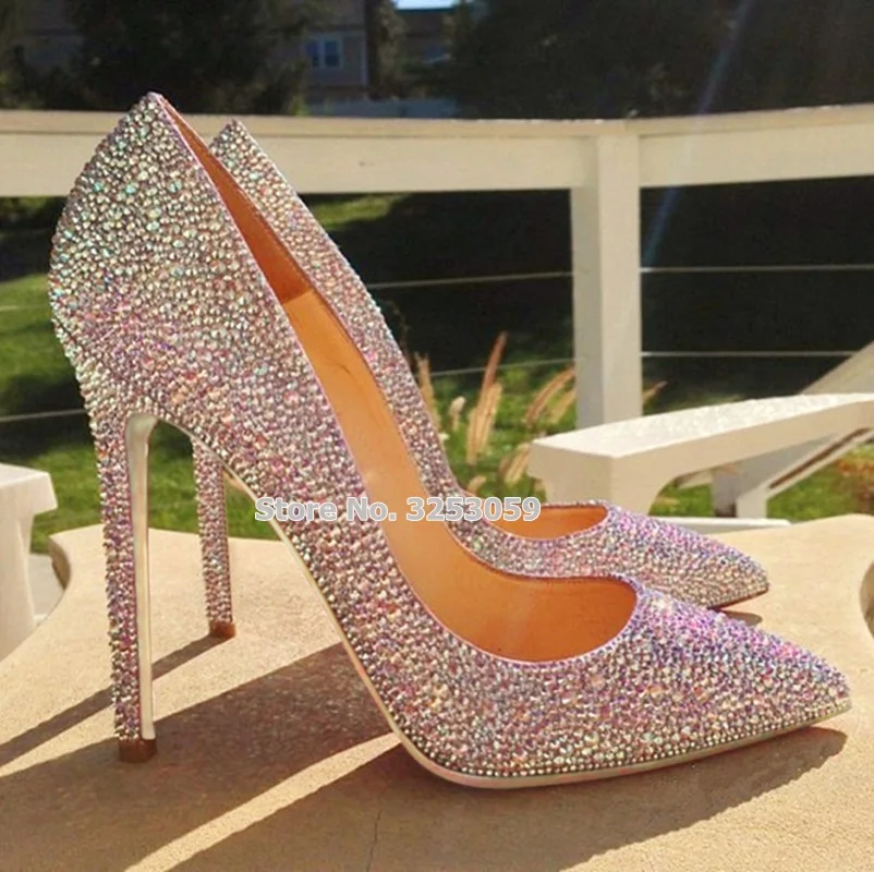ALMUDENA Bling Bling Crsytal High Heel Pumps Silver Red Glittering Wedding Shoes Pointed Toe Shallow Rhinestone Party Shoes