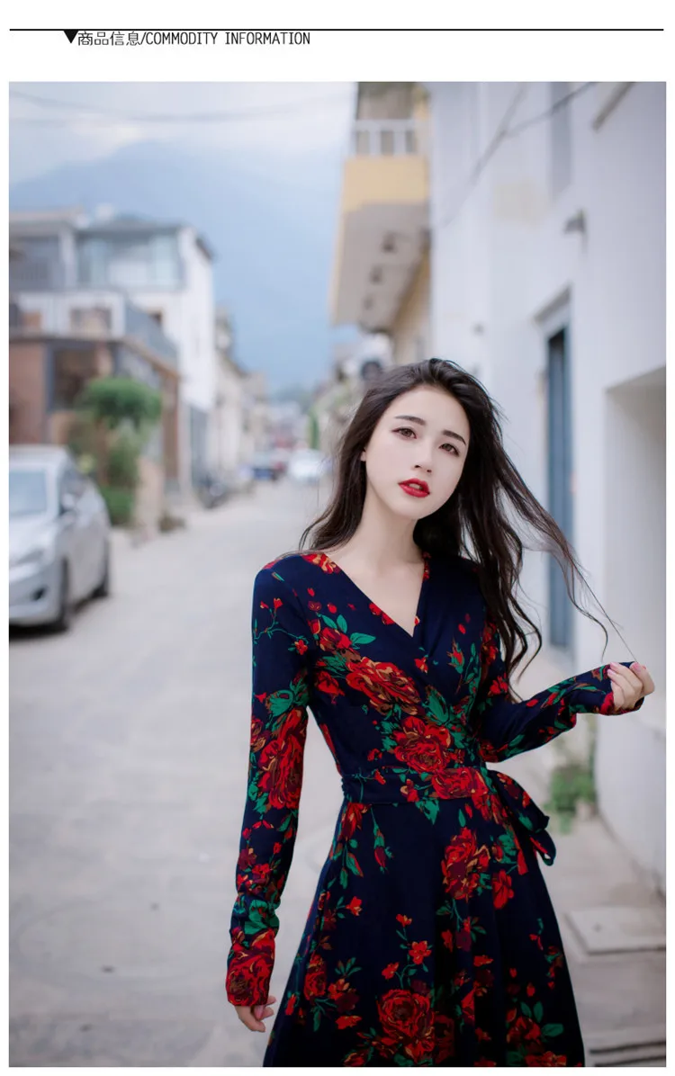 Stylish V-neck Long Sleeve Tie-waist Big Hem Print Dress (1)