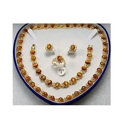 

Noblest 18K GP Tiger's Eye necklace bracelet earring ring AAA 18K GP Plated gold Bridal wide watch wings queen JEWE