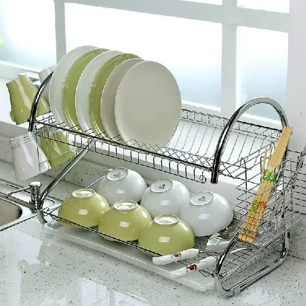 2 TIER CHROME PLATED DISH CUTLERY CUP DRIP TRAY PLATES HOLDER