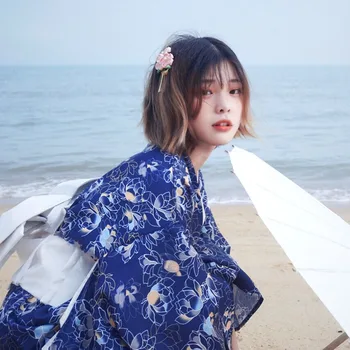 

Blue Flower Vintage Ladies Kimono Gown Japanese National Yukata With Obi Elegant Evening Dress Gown Girl Cosplay Clothing
