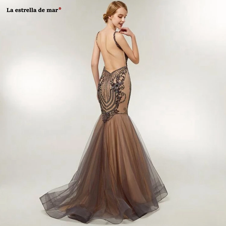 

Vestidos de graduacion largos 20192019 new sexy V neck lace crystal halter brown sexy mermaid prom dress custom evening gowns