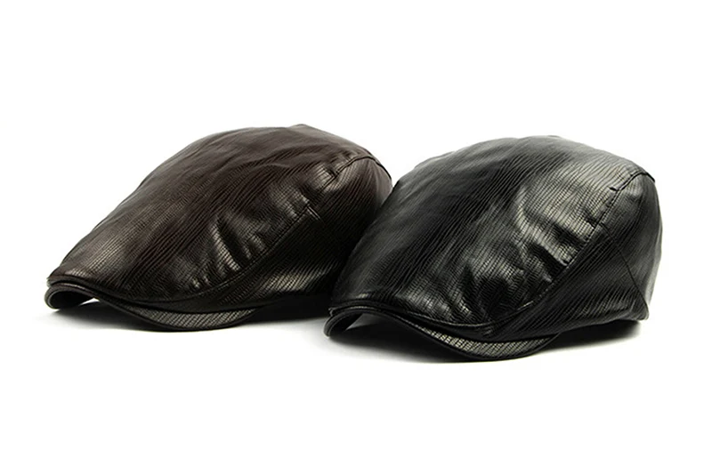 men's black beret hat CLIMATE Men Beret Cap PU Leather Hat Gentleman Solid PU Hat Blank Black Caps Hat Casual Snake Man Flat Cap Caps Berets for Men mens black leather beret