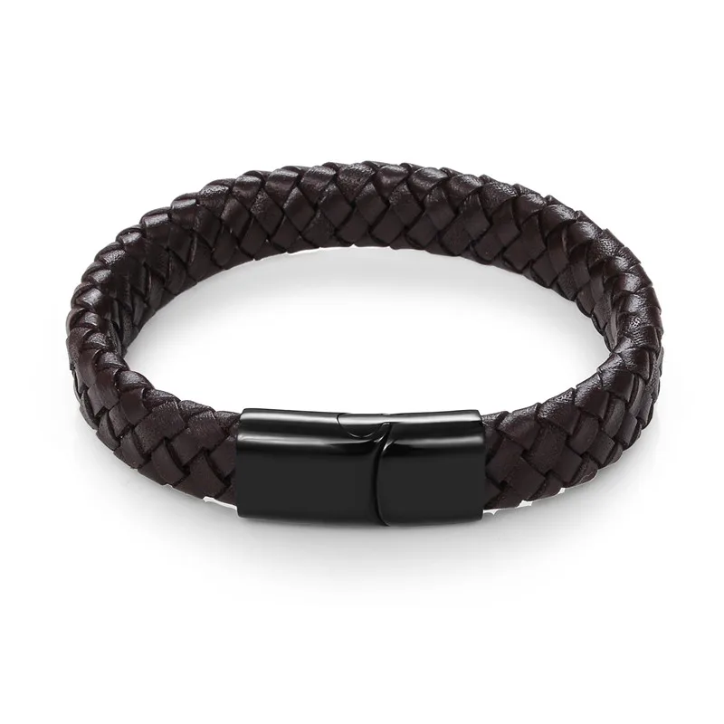 Jiayiqi Punk Men Jewelry Black/Brown Braided Leather Bracelet Stainless Steel Magnetic Clasp Fashion Bangles Gift 18.5/22/20.5cm 15