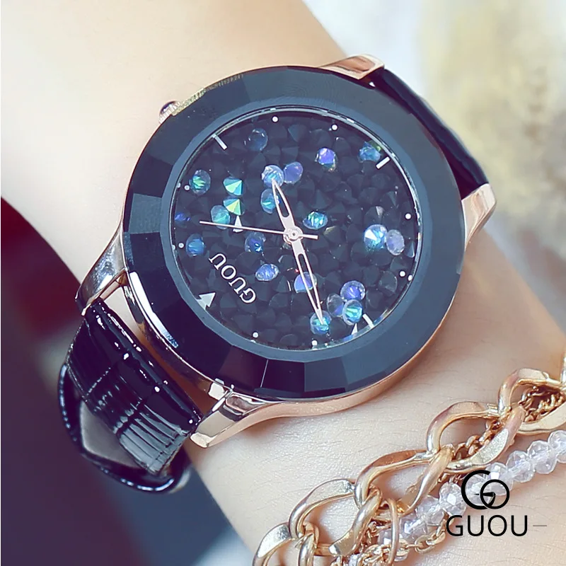 GUOU брендовые модные женские кварцевые часы с кристаллами Reloj Mujer Relojes Роскошные