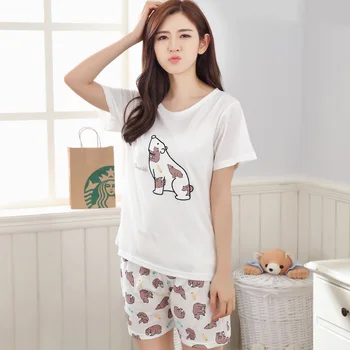 

2017 New Summer Cotton Cute Pajamas Sets Women Pajamas Sweet Girls Bear Printing Loungewear Pyjama femme Plus 3XL Home Clothes