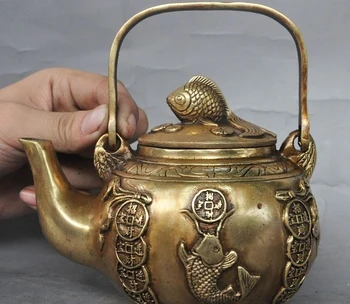 

marked chinese pure brass fish Goldfish wealth money coin Portable teapot Kettle