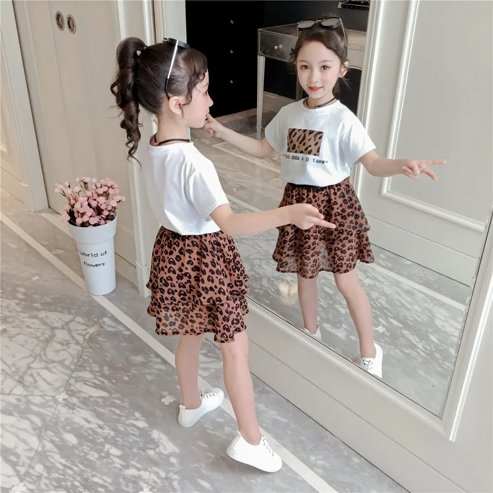 Fashion Children Clothing Set For Girls Clothes 2019 Summer Letter Tshirts Tops Leopard Chiffon Skirt 2Pcs Casual Kids Suit 3-9Y (13)