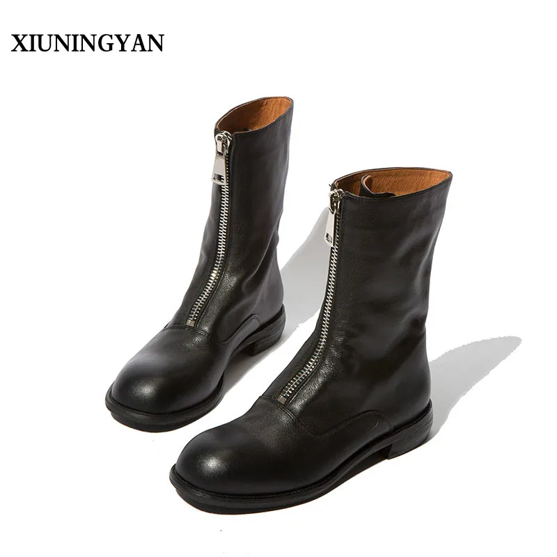 

XIUNINGYAN 2018 Women Knight Boots Fashion Square Heel Mid-Calf Boots Leisure Womens Motorcycle Boots Winter Female Flats Shoes