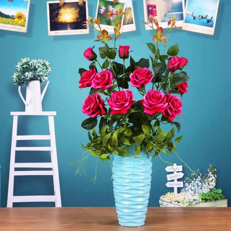 Flone Artificial Rose Flower Simulation Silk Fake Flowers Single Branch 3 Heads Roses Flower For Wedding Home Bedroom Decoration (13)