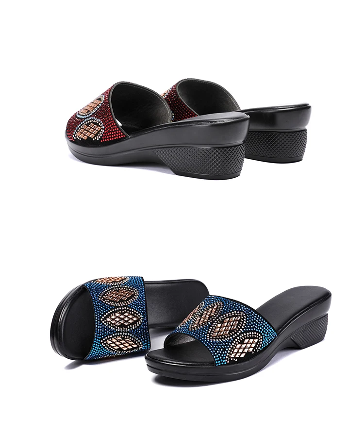GKTINOO женские тапочки с женские летние шлепанцы из натуральной кожи обувь Для женщин на среднем каблуке модные стразы Летняя обувь