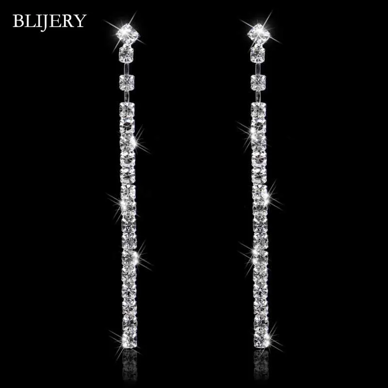

BLIJERY Simple Style Crystal Long Stripe Bridal Earrings Silver Color Rhinestone Dangle Earrings For Women Wedding Jewelry Gifts