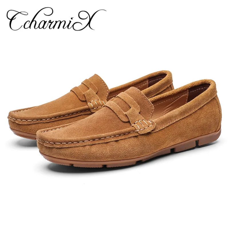 CcharmiX/мужские лоферы из коровьей замши; обувь для взрослых; Мягкие Мокасины; повседневная обувь для вождения; модная обувь из натуральной кожи на плоской подошве; большие размеры 47 - Цвет: Brown