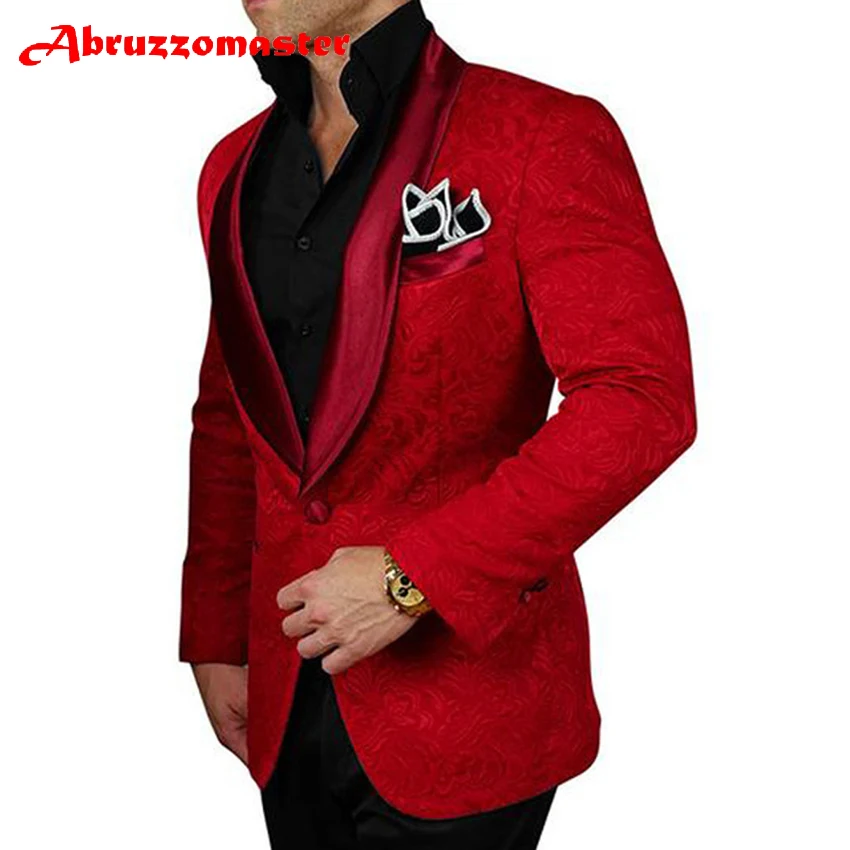 

Abruzzomaster Red Print Man Suit Shawl Lapel Tuxedos Custom Made Man Suit 2 Pieces Groom Tuxedos Floral Print Groomsman Suit