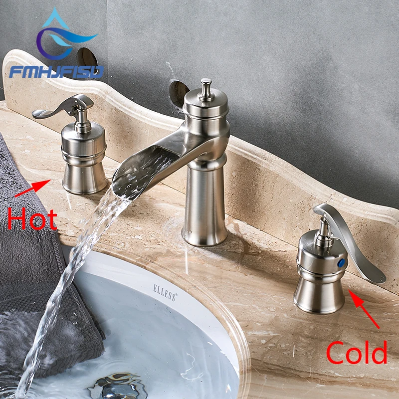 

Waterfall Basin Faucet Dual Handle Brushed Nickel Bathroom Mixes Deck Mount Hot and Cold Tap