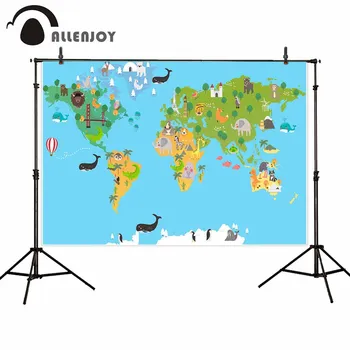 

Allenjoy backdrop for photographic studio Elephant whale penguin wildlife world map hot air balloon background travel photocall