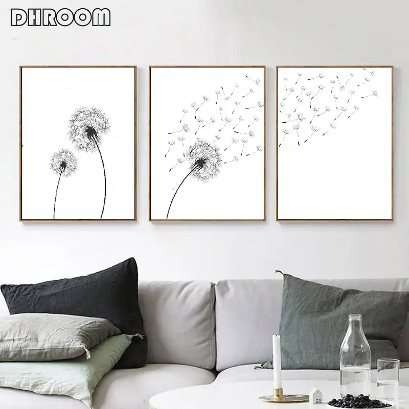 Set of 3 Dandelion Prints Black and White Minimalist Poster Prints