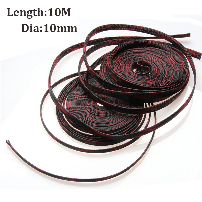 10 м 10 мм плетеные кабели черный+ красный изоляция провода сальник защита Плетеный оплетка ПЭТ плотный расширяемый кабель рукав