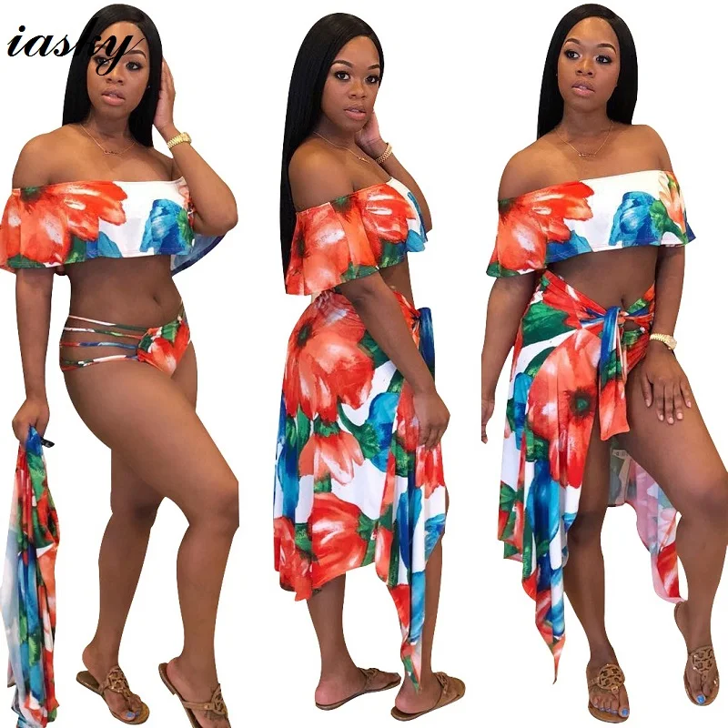 IASKY 2018 New Sexy Ruffle Bikini + cover ups set Sexy Print Floral