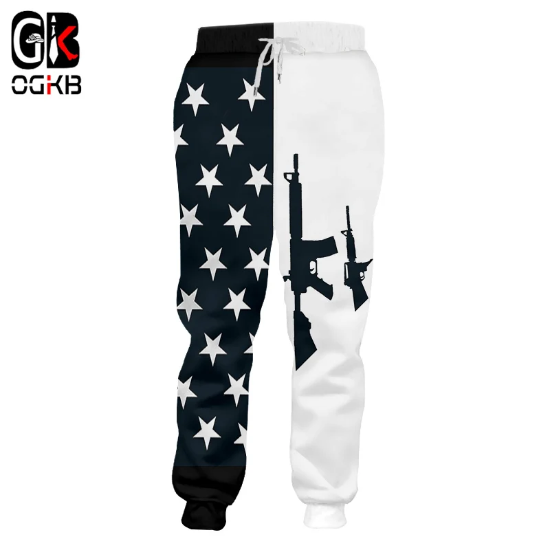 

OGKB Spring Fall Casual Loose Sweat Pants Men's Print American Flag And Gun3d Sweatpants Man Bodybuilding Fintess Casual Pants