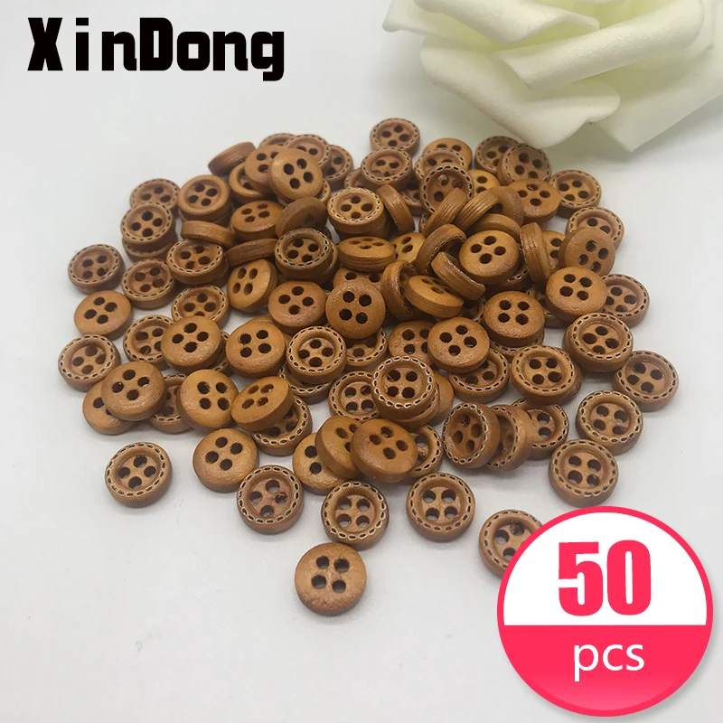 

XINDONG 50PCS 1cm round four-eye dotted line carved wooden buttons clothes textile accessories wood buttons