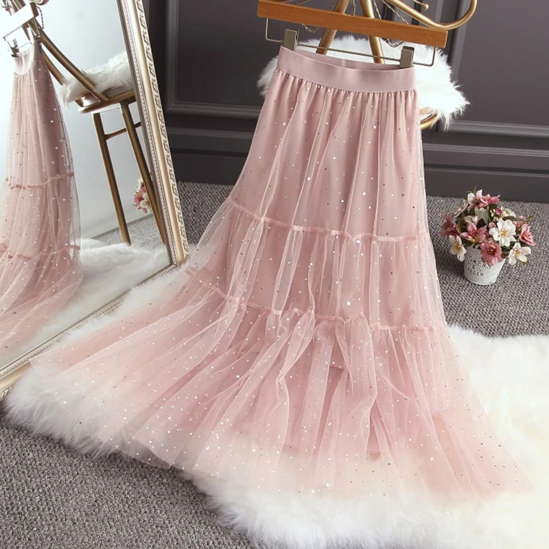 

FMFSSOM Summer New Woman Polka Dot High Waist Tulle Fairy Skirt Female Solid Sequins Mesh Casual Pleated Medium Long Skirt